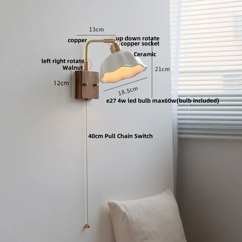 Afralia™ Nordic LED Wall Light with Pull Chain Switch, Rotatable Design in Walnut Copper & Ceramic