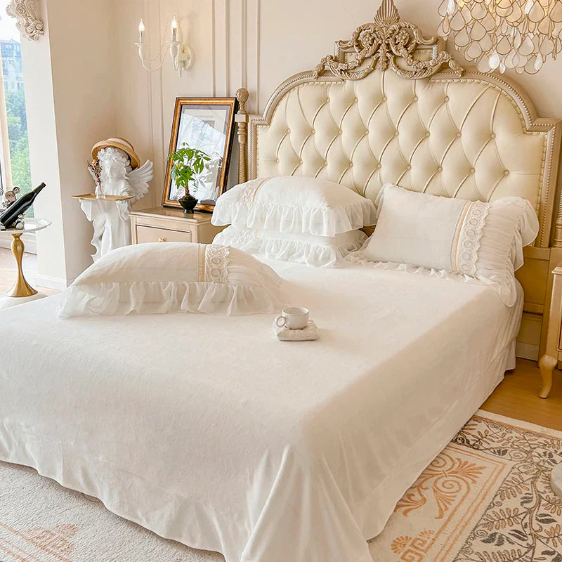 Afralia™ Velvet Fleece Princess Bedding Set with French Pleat Lace Ruffles, Plush & Warm