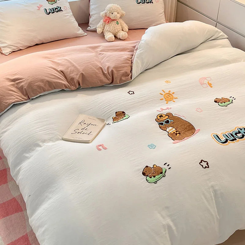 Afralia™ Cartoon Embroidered Cotton Bedding Set for King/Queen Beds