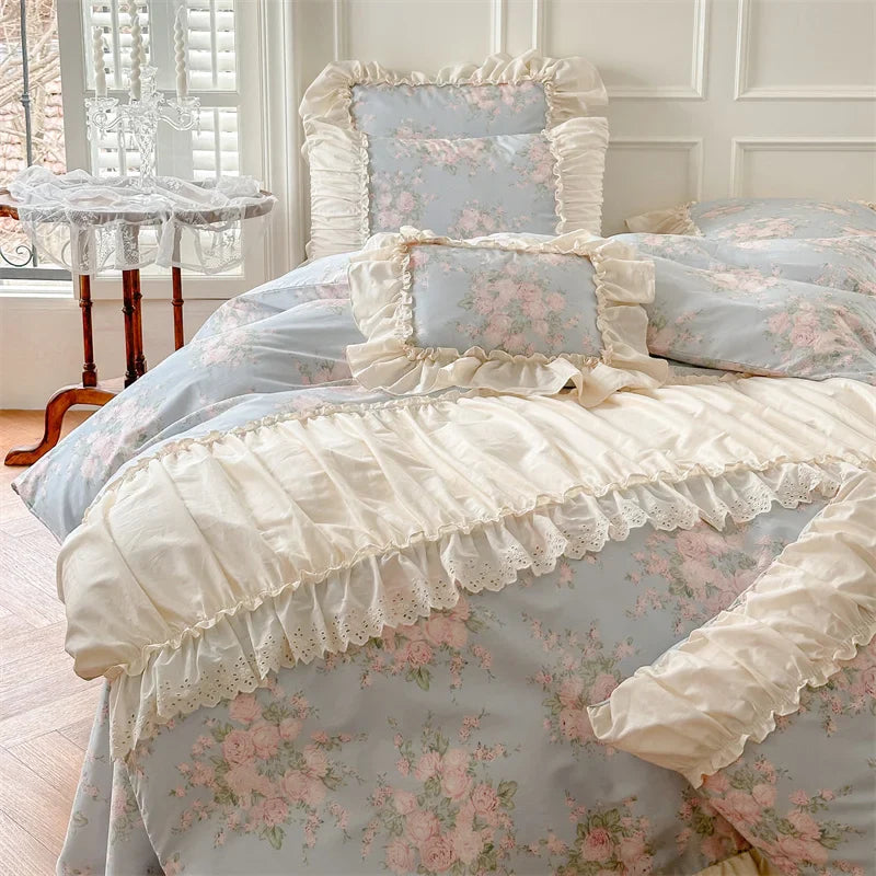 Afralia™ French Floral Bedding Set: Vintage Country Flowers with Ruffles, Duvet Cover, Flat Sheet & Pillowcases