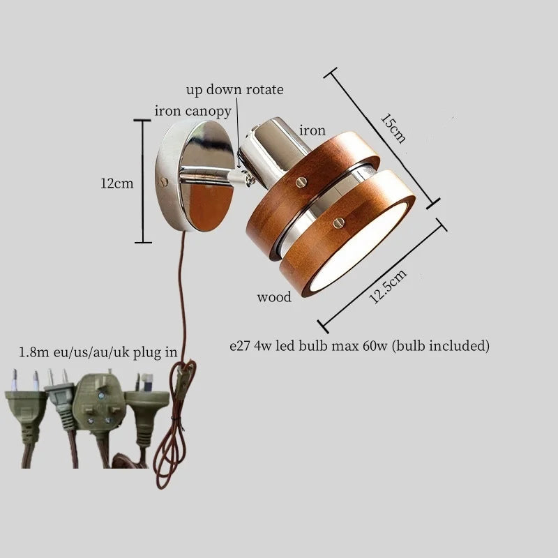 Afralia™ Vintage LED Wall Light Iron Wood Bedside Lamp Wandlamp