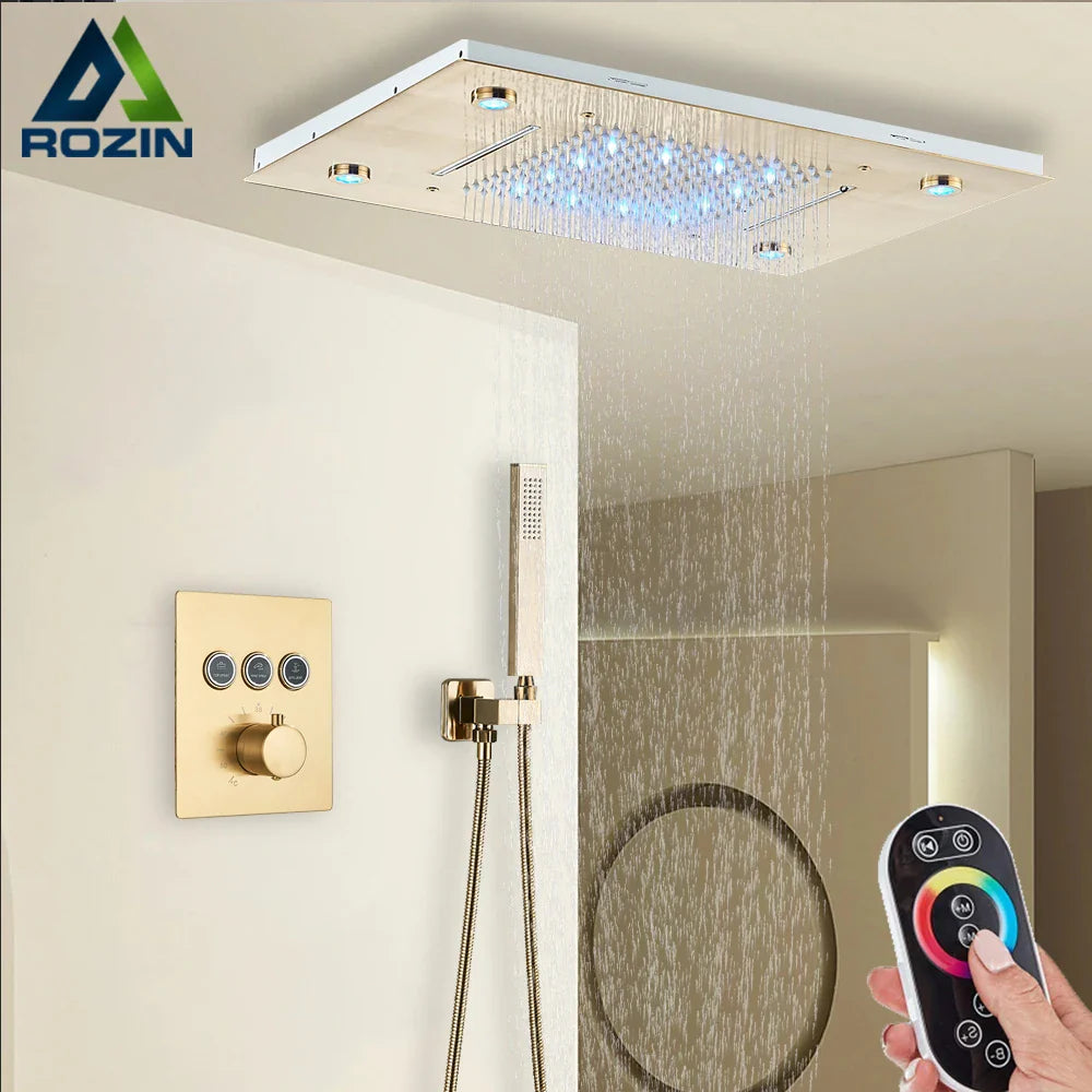 Afralia™ Brushed Gold LED Rainfall Shower Set with Thermostatic Faucet