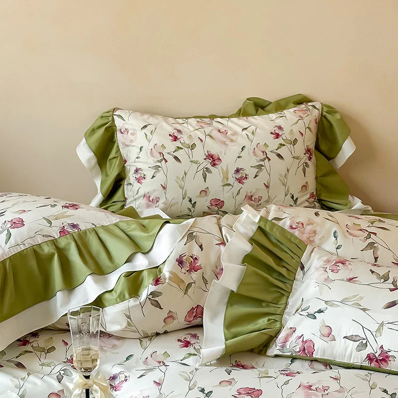 Afralia™ Rose Flowers Ruffles Princess Bedding Set 1000TC Egyptian Cotton Duvet Cover Sheets Pillowcases