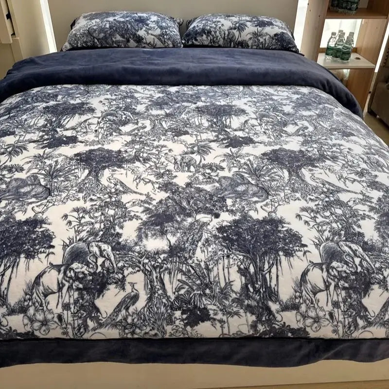 Afralia™ Forest Plants Prints Velvet Bedding Set, Winter Warm, 4Pcs: Duvet Cover, Sheet, Pillowcases
