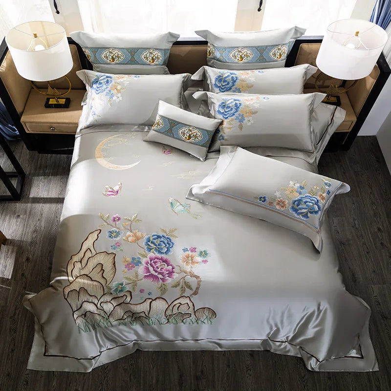 Afralia™ 200S Embroidered Egyptian Cotton Bedding Set Queen King Sheets Duvet Cover