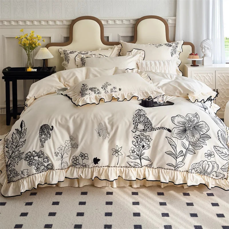 Afralia™ Vintage Flowers Leopard Print Ruffles Bedding Set in 100S Egyptian Cotton