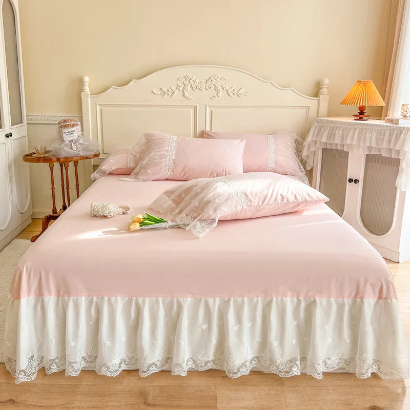 Afralia™ French Princess Lace Ruffles Bedding Set, 100% Cotton, Pink Romantic Theme