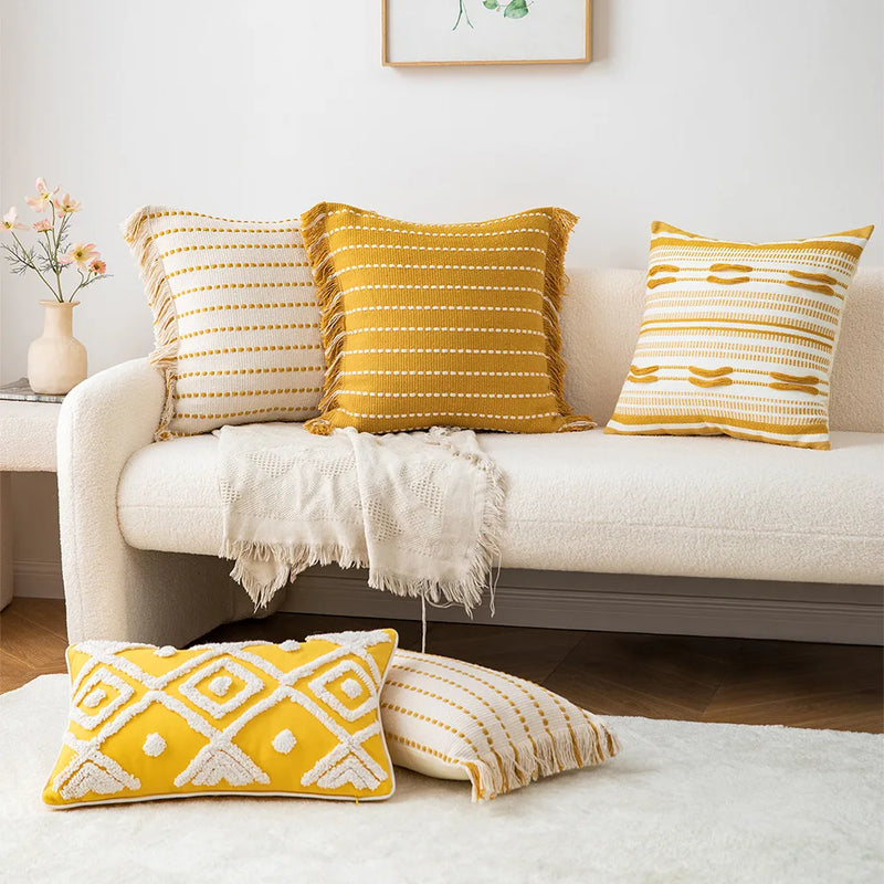 Afralia™ Yellow Geometric Tufted Cushion Cover with Crochet Tassels