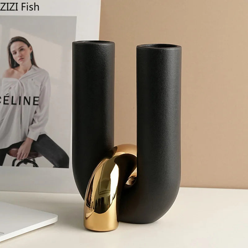 Afralia™ U-shaped Ceramic Vase: Desk Decoration, Porcelain Floral Vase, Room Aesthetic Decor