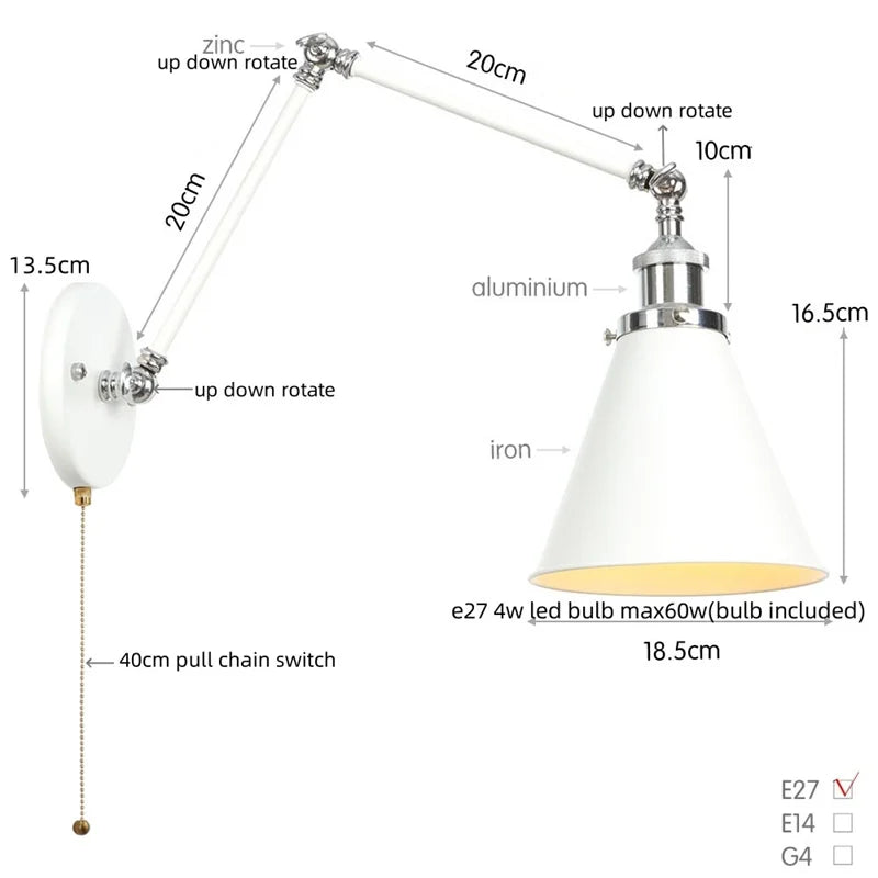 Afralia™ Industrial Lens Vintage Loft LED Wall Lamp with Swing Arms & Pull Chain Switch