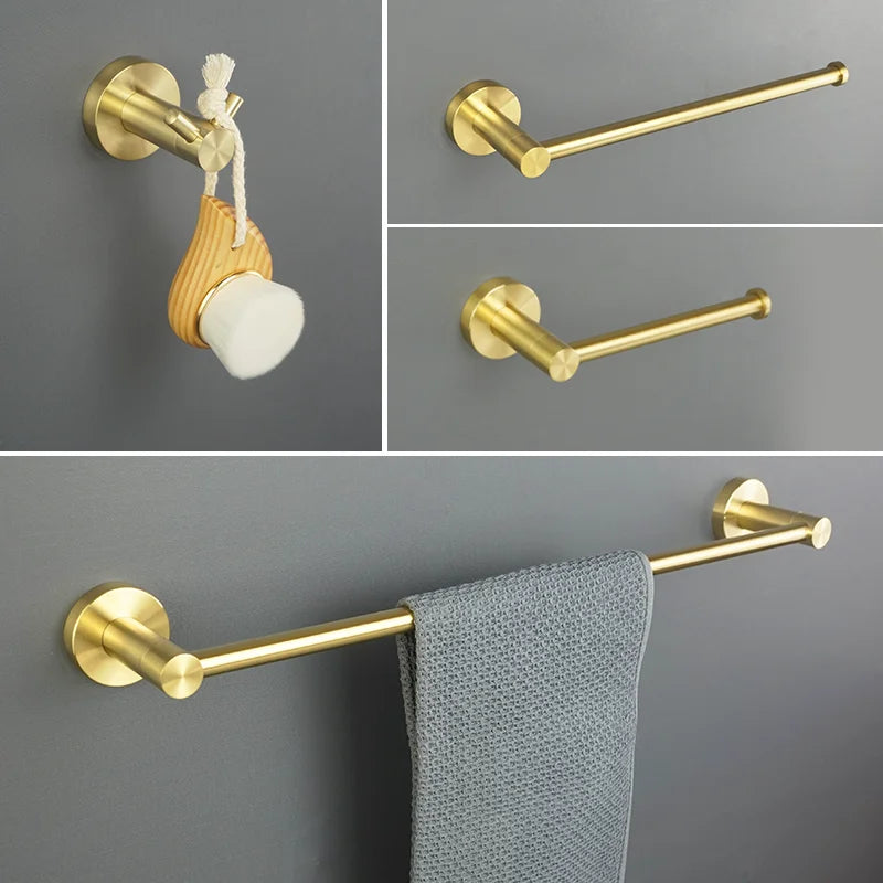 Afralia™ Brushed Gold Bathroom Accessories Set: Wall Mount Shelf, Toilet Paper Holder, Towel Bar, Robe Hook