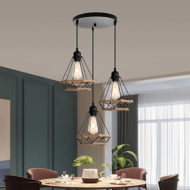 Afralia™ Vintage Hemp Rope Pendant Light Industrial Chandelier Loft Decor Lampshade