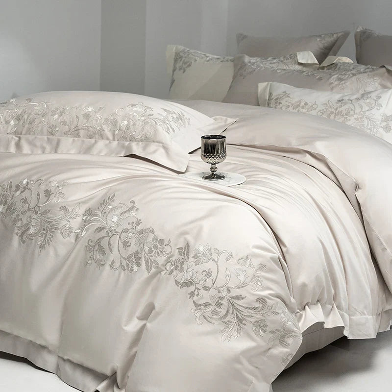 Afralia™ Luxury Embroidery Bedding Set: Pearl White 1000TC Egyptian Cotton Duvet Cover, Sheets, Pillowcases