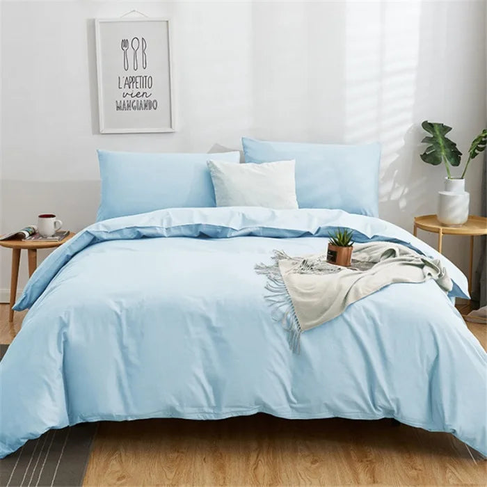Afralia™ Cotton 4pcs Bedding Set Double Queen Solid Color Duvet Cover Flat Bed Sheet