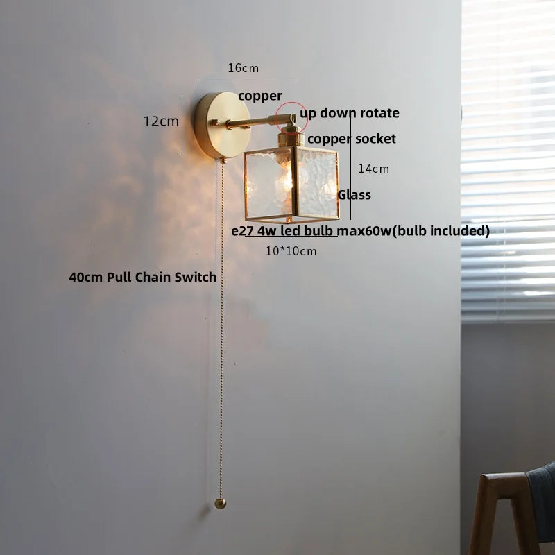 Afralia™ Glass LED Wall Light with Pull Chain Switch, Rotating Japanese Style Bedside Lamp