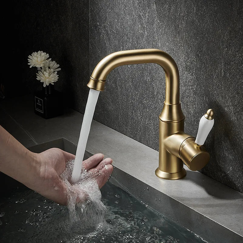Afralia™ Brushed Gold Basin Faucet Deck Mounted Sink Tap Hot Cold Chrome Brass