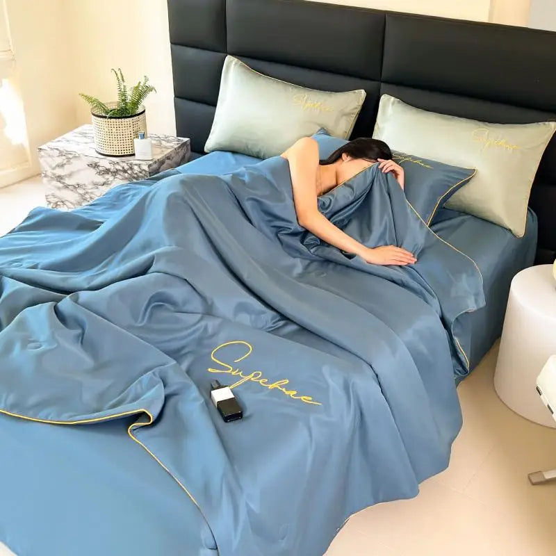 Afralia™ Summer Embroidered Thin Quilt Set with Sheets Pillowcases, Ice Air-Conditioned Quilt