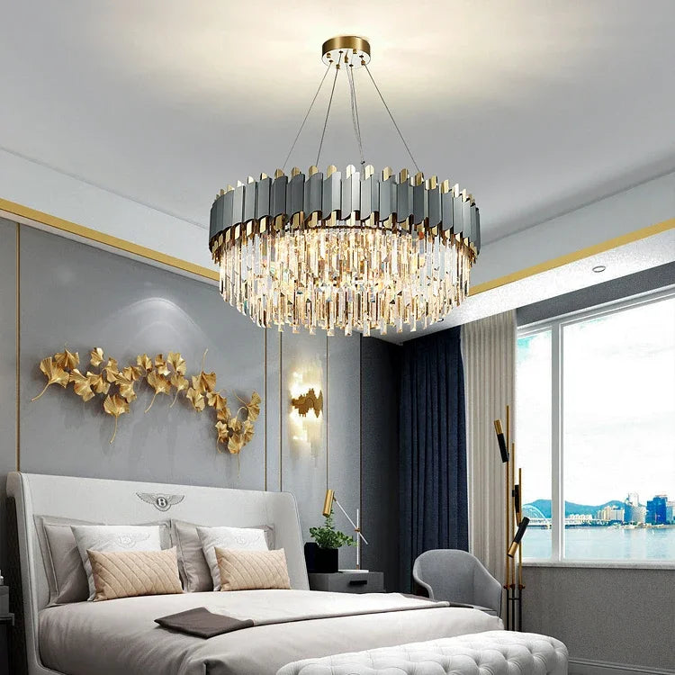 Afralia™ Art Deco Black Golden Crystal Chandelier for Foyer