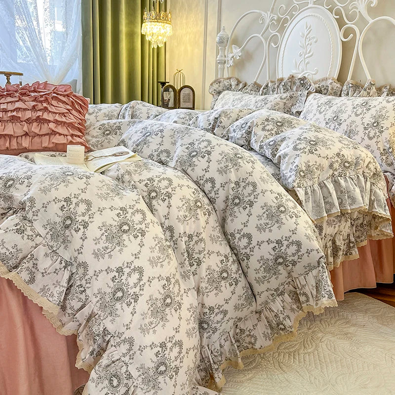 Afralia™ Double Layer Lace Ruffles Floral Bedding Set with Duvet Cover, Bed Skirt, Pillows