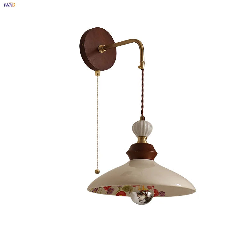 Afralia™ Ceramic LED Wall Light Copper Pull Chain Wood Base Modern Bedside Lamp