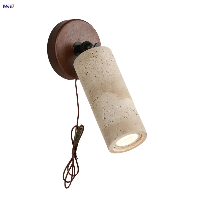 Afralia™ LED Wall Sconce Iron Rotate Kitchen Bedroom Hallway Yellow Travertine Wood Mirror Light
