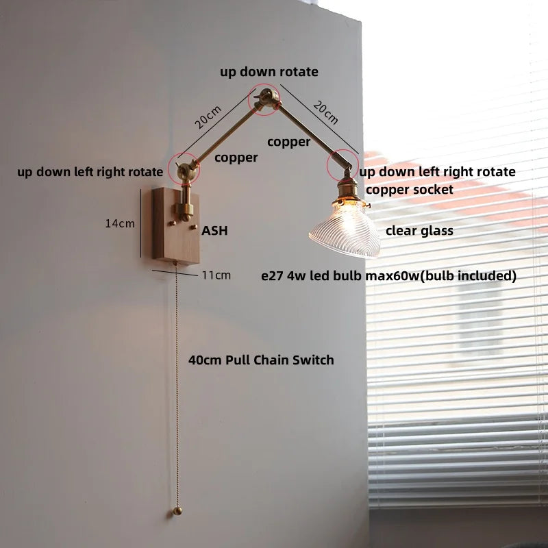 Afralia™ Nordic Green LED Swing Arm Wall Lamp Sconce Glass Walnut Wood Mirror Light
