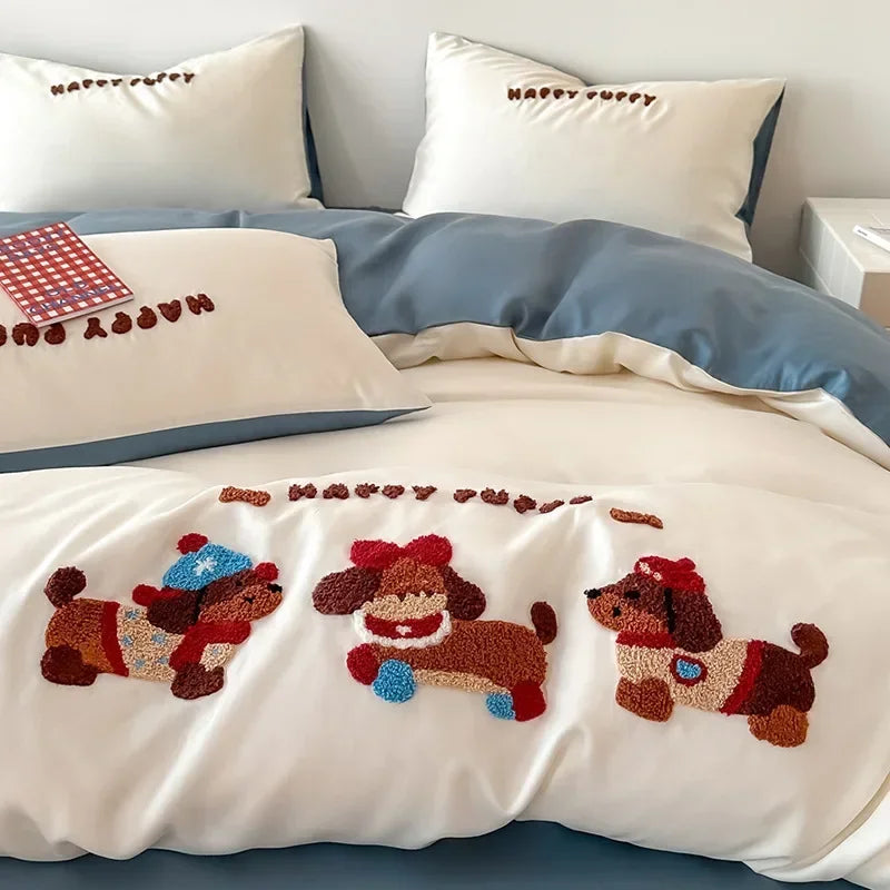 Afralia™ Cartoon Embroidered Cotton Bedding Set with Ice Silk Cooling Technology