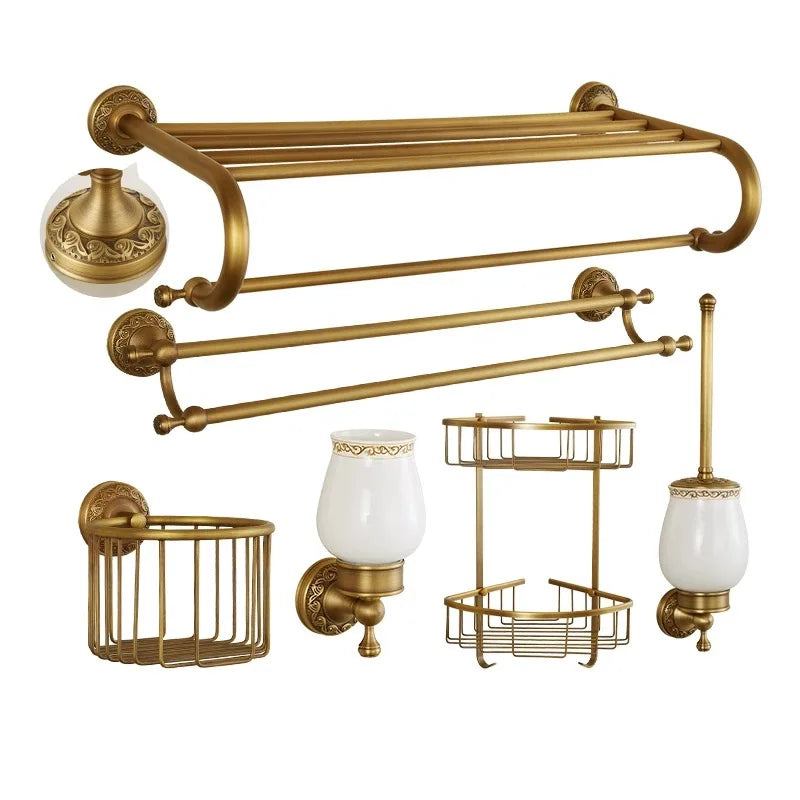 Afralia™ Brass Antique Bath Hardware Set: Towel Rack, Paper Holder, Towel Hanger, Toilet Brush Holder