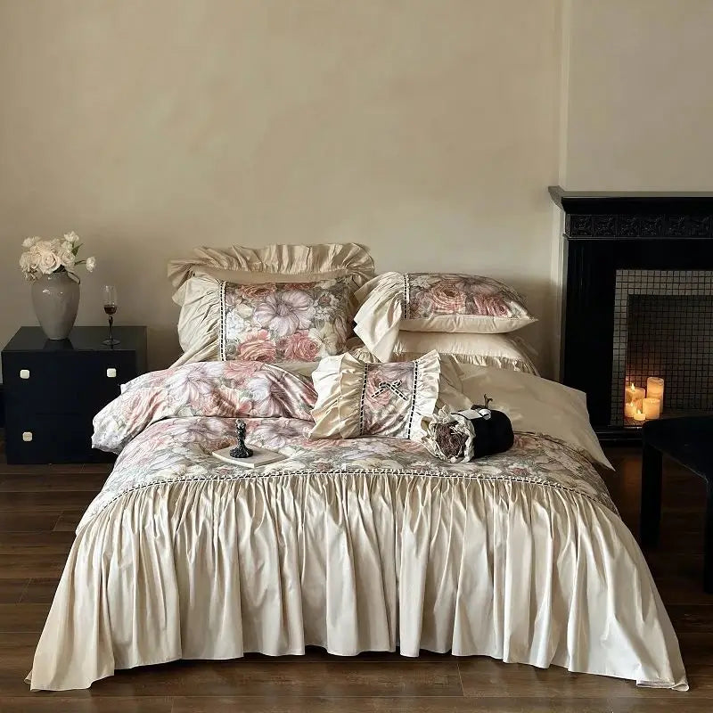 Afralia™ Vintage Floral Bedding Set with Ruffles in Egyptian Cotton, Romantic Oil Painting Style