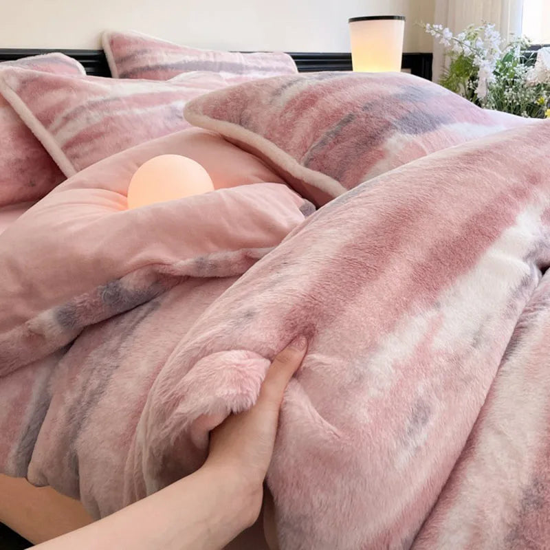 Afralia™ Winter Faux Rabbit Plush Stripe Bedding Set with Milk Velvet Duvet Cover