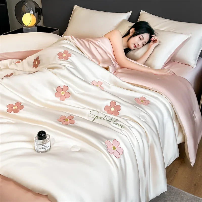 Afralia™ Washed Satin Embroidered Cool Blanket - Soft Skin-Friendly Summer Quilt