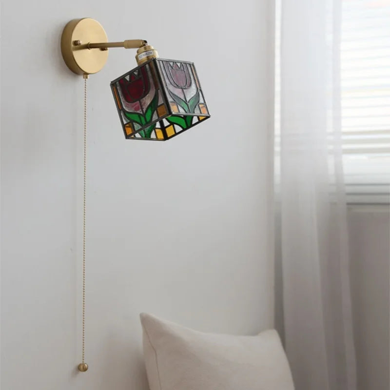 Afralia™ Colorful Square Glass LED Wall Lights with Pull Chain Switch, Tiffany Style