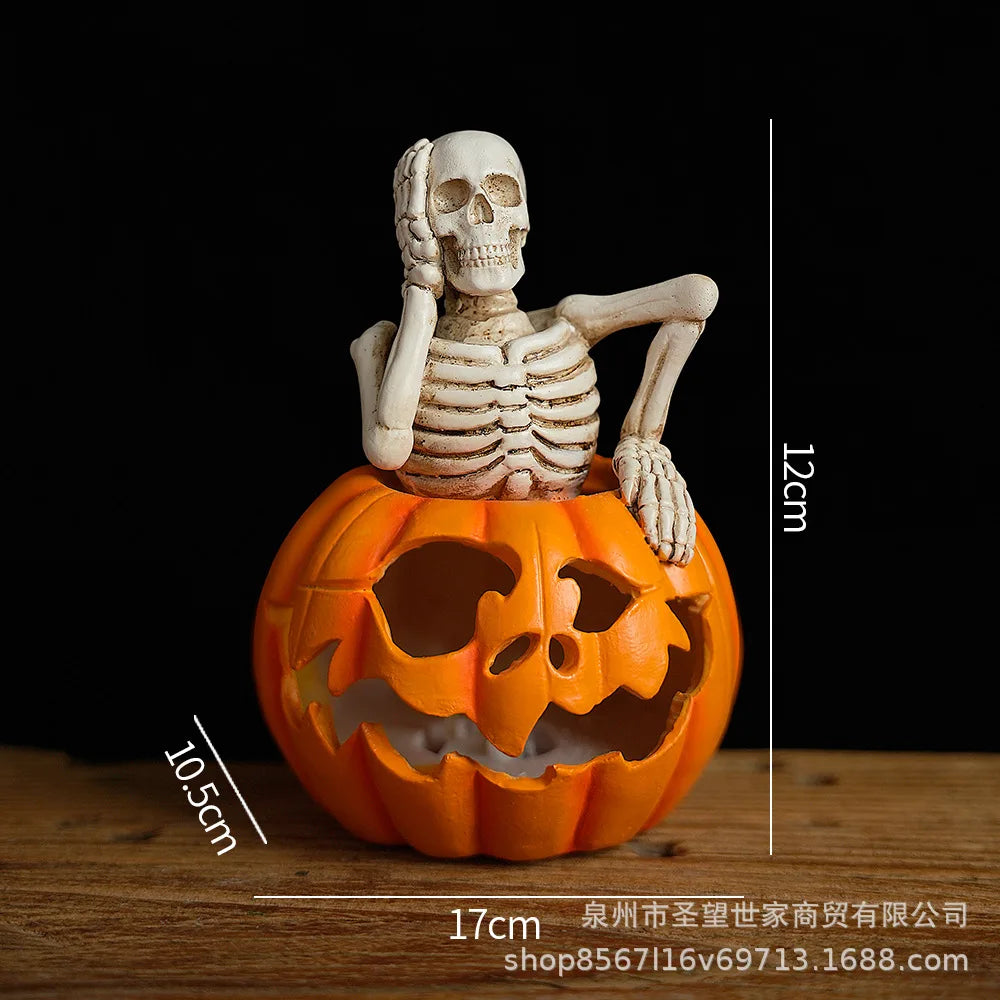 Afralia™ Halloween Skull Pumpkin Skeleton Sculpture Resin Home Decor Statuette