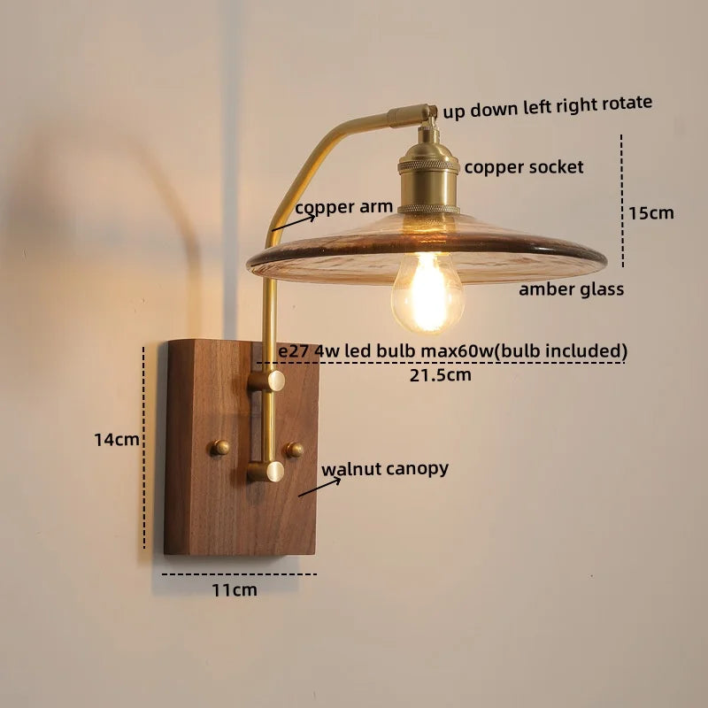 Afralia™ Copper Glass LED Wall Lights Pull Chain Switch Bedside Lamp for Bedroom Living Room