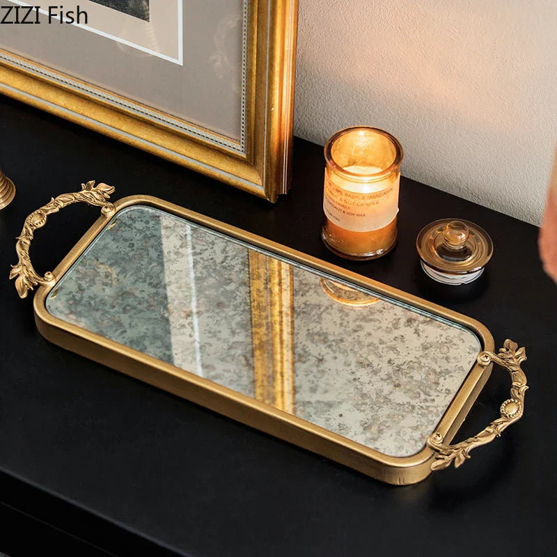 Afralia™ Golden Glass Tray Branch Storage Cosmetics Organizer Jewelry Display Plate