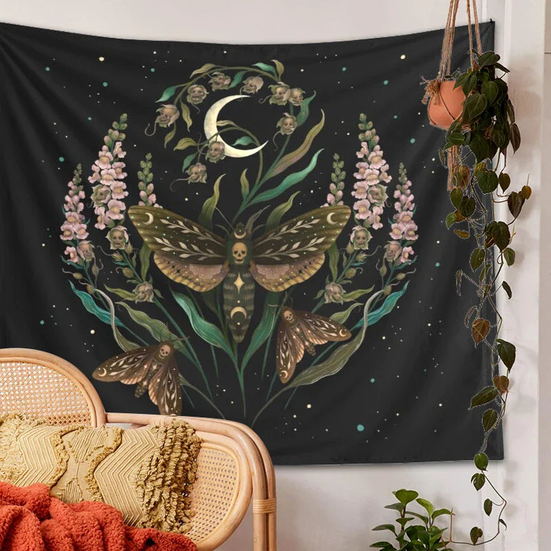 Afralia™ Death's Head Tapestry Wall Hanging Moon Flower Trippy Carpet Dorm Room Decor