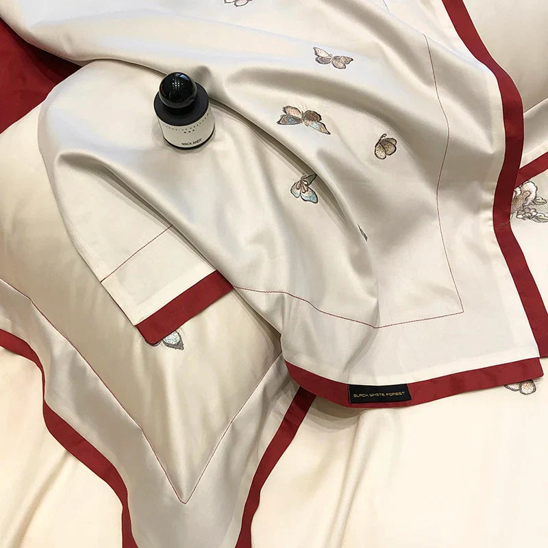 Afralia™ Butterfly Flowers Embroidery Wedding Bedding Set 1000TC Egyptian Cotton Duvet Cover