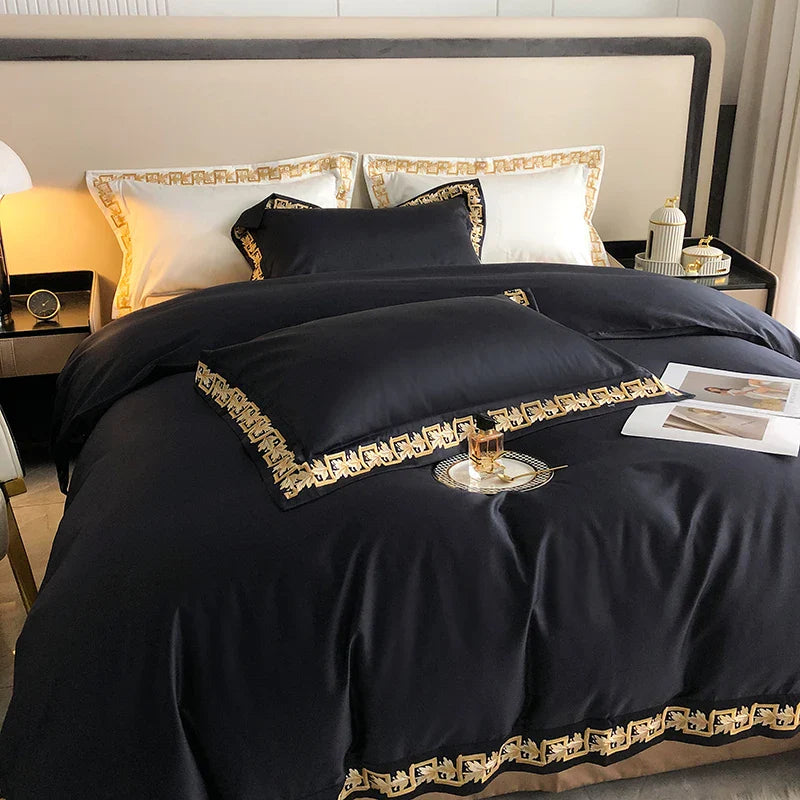 Afralia™ Luxury Black Gold Embroidery Bedding Set - Queen King Size Bed Linen Pillowcases