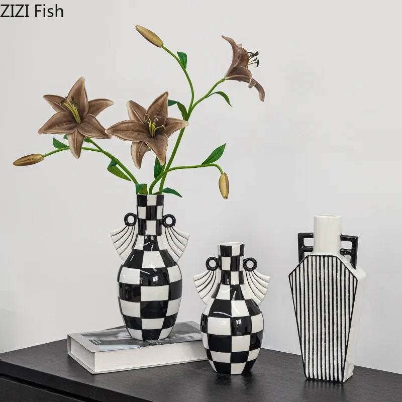 Afralia™ Checkered Pattern Ceramic Vase: Geometric Table Decor for Flowers & Room Aesthetic