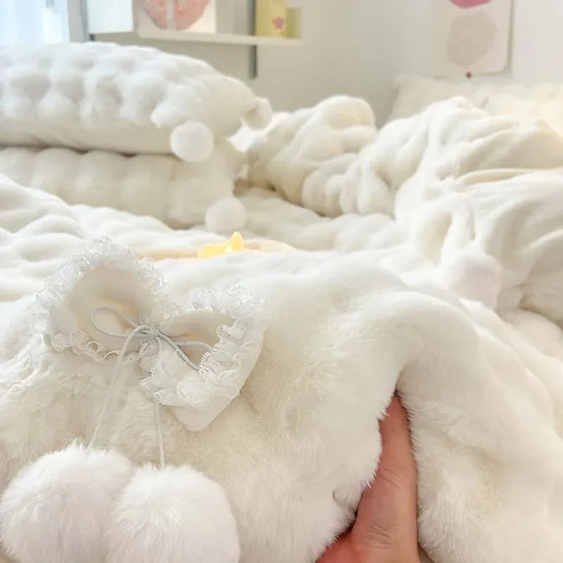 Afralia™ Shaggy Faux Rabbit Fur Bedding Set with Plush Ball Decoration, Duvet Cover, Sheet and Pillowcases