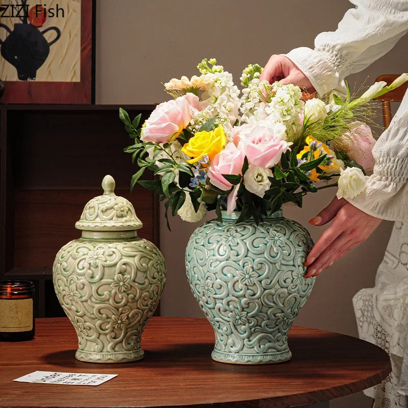 Afralia™ Flower Relief Ceramic Vase General Jar for Table Decoration and Floral Arrangement