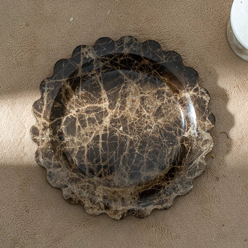 Afralia™ Marble Travertine Serving Tray Scalloped Edge Square Display Tray