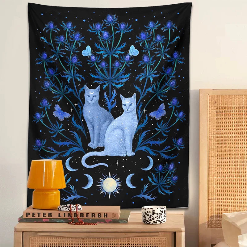 Afralia™ Cat Tapestry Wall Hanging Moon Sun Moth Leaf Flower Occult Home Decor