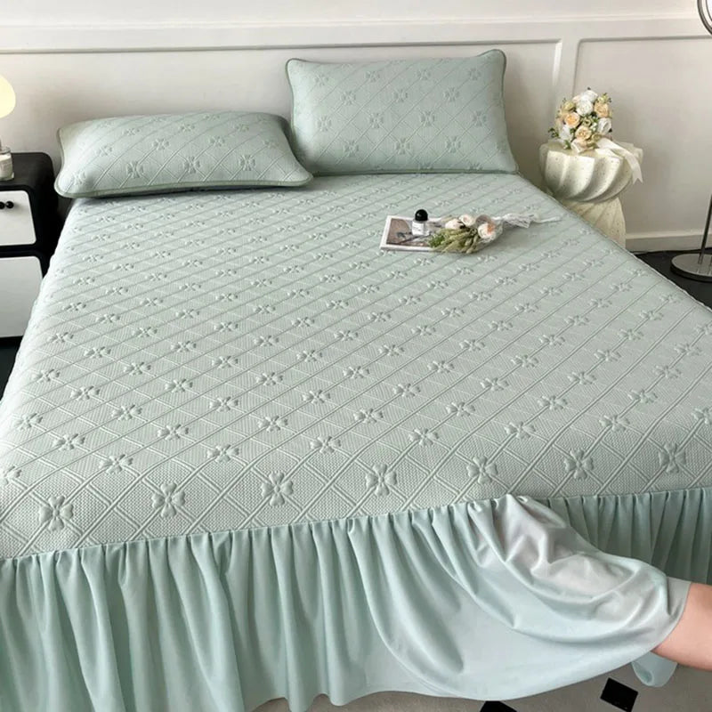 Afralia™ Ice Bean Jacquard Bed Skirt Set - 3 Piece, Summer Washed Mattress Mat