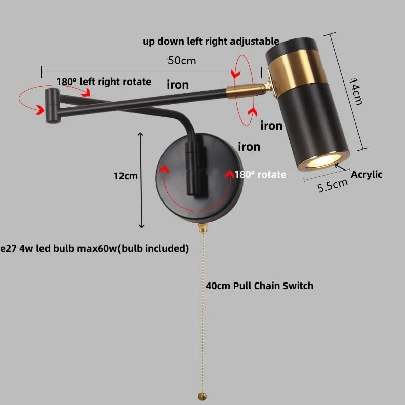 Afralia™ Rotatable LED Wall Sconce Swing Arm Light Fixture for Study and Bedside