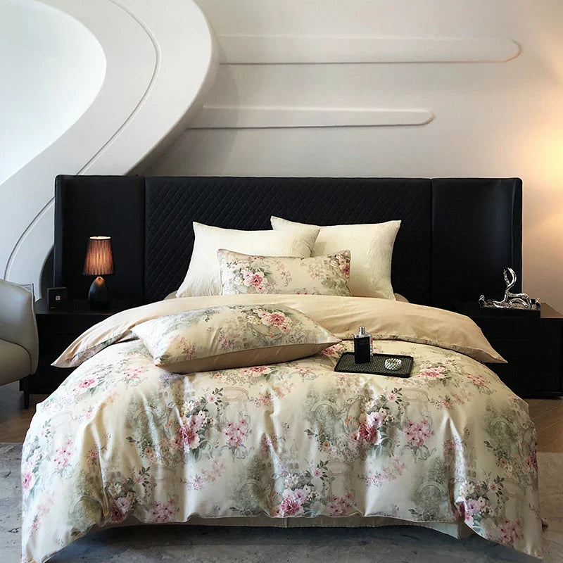 Afralia™ 1000TC Vintage Flowers Print Bedding Set with Duvet Cover, Sheet, Pillowcases