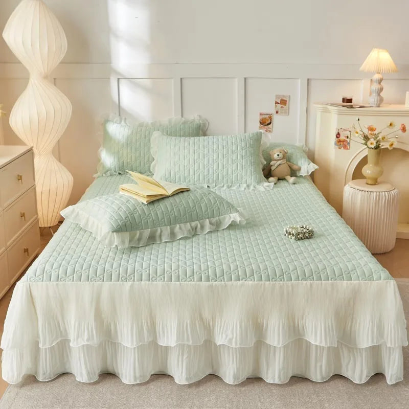 Afralia™ Lace Ruffles Cooling Bed Skirt Set with Pillowcases