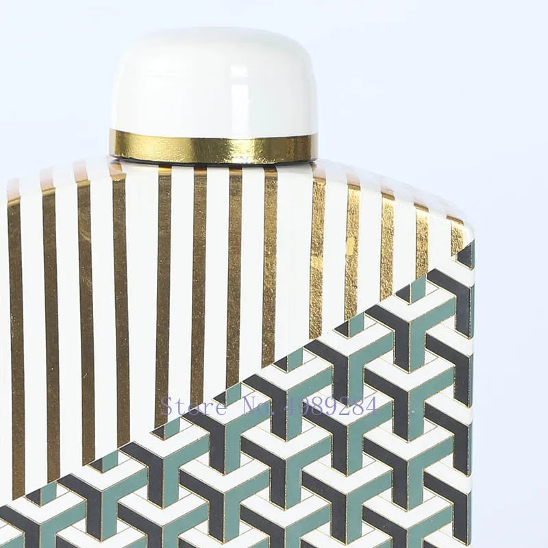 Afralia™ Retro Golden Ceramic Jar Vase Handicraft Square Cover Geometry Decor