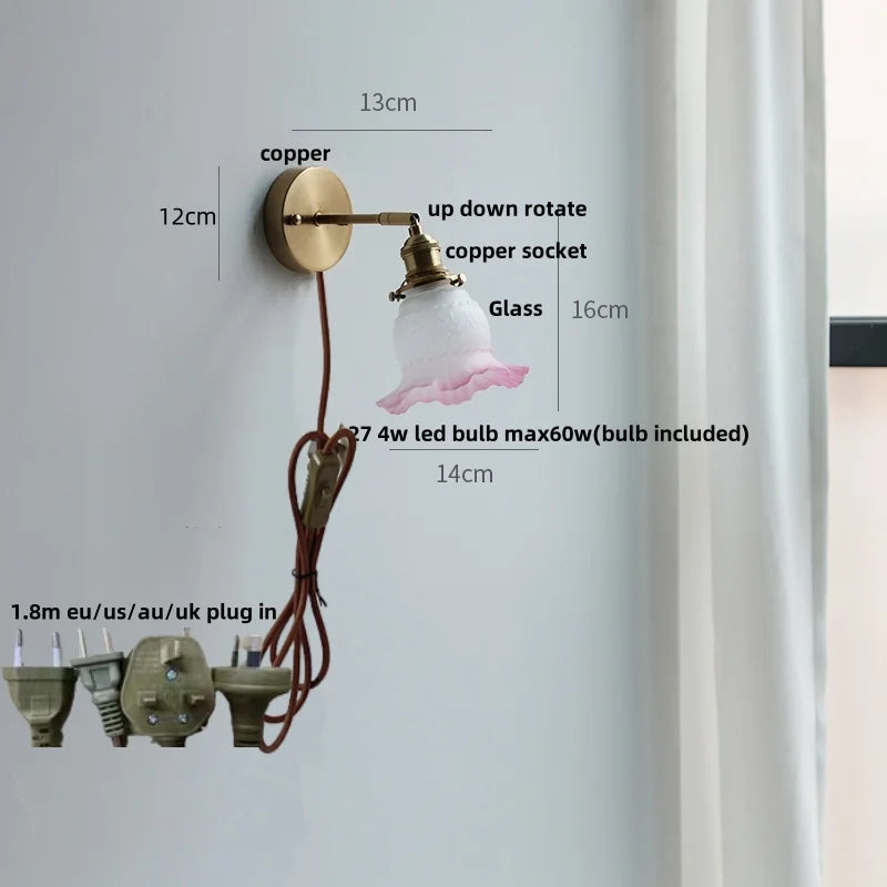 Afralia™ Glass Wall Sconce Vintage LED Rotate Pull Chain Switch Light