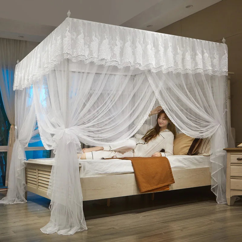 Afralia™ Princess Mosquito Net Canopy for Double Bed Square Lace Palace Embroidery
